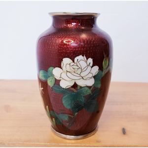 Vintage Sato Japanese Cloisonne Blood Red Floral Rose Nature Bud Vase 3.75"